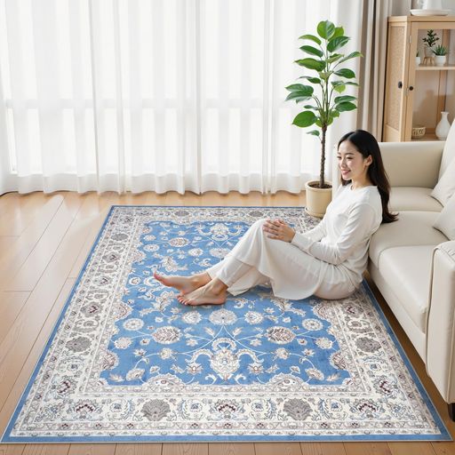 HAOCOOカーペット200х250cm3畳滑り止めホットカーペット対応ペルシャ風ラグ洗えるオールシーズン適用花柄防音耐磨耗性軽量抗菌防臭リビングダイニングアンティークラグマットライトブルー