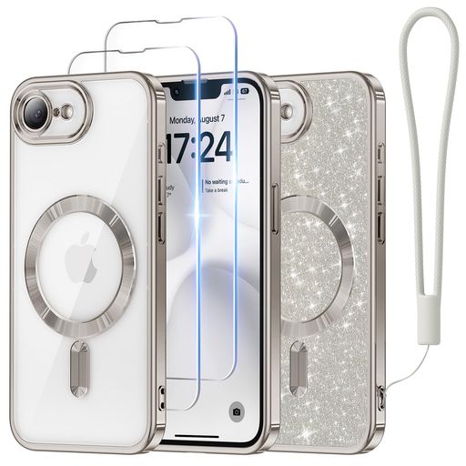 Rakuten - MeifignoケースiPhone17e/16e用[MagSafe対応][HDフィルム2枚][グリッターカード&リストストラップ]サラウンドレンズ保護iPhone17e/16eケース用シルバー
