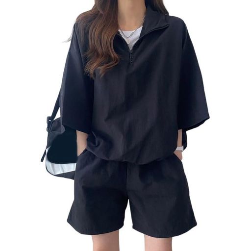 [LIKEFIRY]セットアップレディーストップスジッパー上下セット日焼け止め部屋着ルームウェア春夏服秋半袖Tシャツ+ショートパンツ大人スウェットおしゃれファッション大きいサイズ(ブラ…