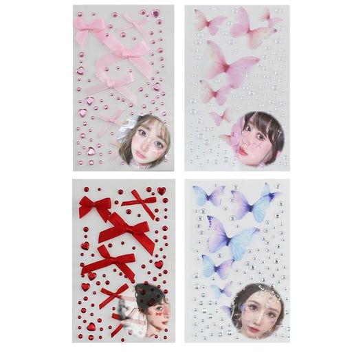 SSZYMAOYI可爱顔シールハートリボンキラキララインストーンフェースステッカー3D自己粘着性光るネイルデコパーツ携帯電話飾り用フェイスデコDIY用フェイスシール4枚セット