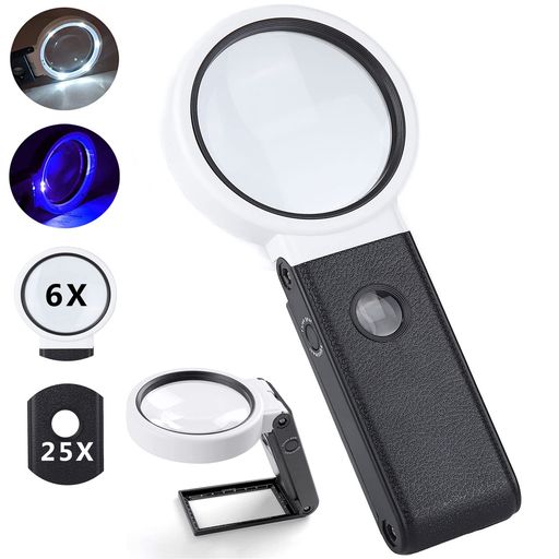 XGIUINI手持ちスタンドルーペLEDライト付【倍率6倍&25倍】2種類レンズ/LEDライト5灯/ブラックライト付き拡大鏡ルーペ虫眼鏡折りたたみ式読書観察文具