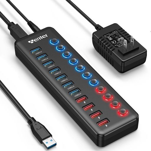 WENTERUSBハブ3.0Hub7ポート+4充電ポート2023改良【ACアダプタ付きセルフパワー/バスパワー独立スイッチ付USB拡張5Gbps高速LEDライト搭載】高耐久性(Large)