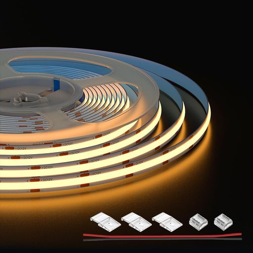 「超高輝度で均一な照明」 DC12V 480LEDs/m 5M 8mm 電球色 2700K。FCOB LEDテープライトは先進的なCOB技術を採用し、従来のSMDテープライトより明るく、均一な光設計により、暗い部分がなく均一な照明を実現します。ディスプレイケース(商品の質感を際立たせる)、廊下(透明感を高める)、天井(家庭の雰囲気を演出する)などのシーンに適しており、エンタープライズクラスの照明ニーズに応えます。 「高品質の視覚効果」このFCOB LEDテープライトは演色評価数(CRI)90+で、物体の自然な色合いを驚くほど正確に表示でき、色に敏感なシーンに適しています。通常のLEDテープライトよりも柔らかく均一な光で、目にも安全で、健康的な照明シーンを提供し、長時間の目の使用による視覚疲労を軽減します。 「安全に使用でき」 通常のLEDテープライトよりも柔らかく均一な光で、目にも安全です。 発色指数が高くて、照明効果がいいです。紫外線や赤外線、水銀、鉛などの重金属を含まず、環境にやさしいです。