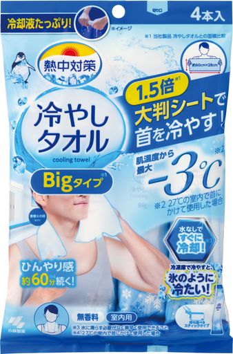 ●首にかけて使用する大判タイプのシート(約60cmx28cm)●首にかけて使用すると肌温度から最大-3°C冷やします※(※27°Cの室内で首にかけて使用した場合)●メントール配合のひたひたシートで、首もとのひんやり感が約60分続きます※(※27°Cの室内で首にかけて使用した場合)(冷感は個人によって感じ方が異なります。)●開封するだけで、どこでもすぐに使えます。●1回使いきりのタオルで衛生的です。 4本 日本 熱冷却用品・用具 小林製薬株式会社