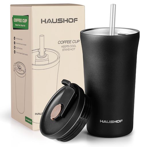 HAUSHOF真空断熱タンブラーコーヒーカップストロー付きスクリュー式ふた付き500ml蓋つきでこぼれる心配無い直飲み&ストロー飲む保温保冷水筒マグボトルステンレスコップコンビニマグ車…