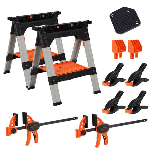 PONY ソーホース 2台セット 作業台 ワークテーブル 耐荷重544kg 300mmFクランプx2個付 スプリングクランプx4個付