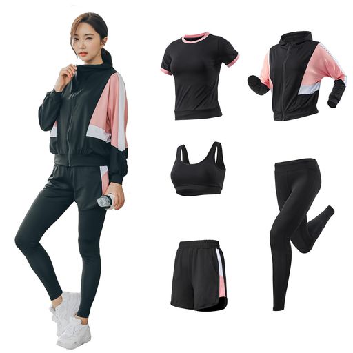 [DawnRain]レディースヨガウェアスポーツウェア5点セット伸縮性吸汗速乾トレーニングランニング上下セットパッド入り春夏秋冬