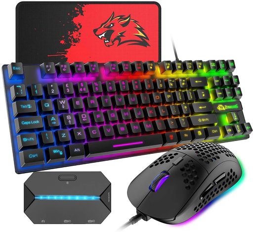 ゲーミングキーボードマウスコンバータ付き88キー軽量LEDバックライトUSB接続エルゴノミック防水ゲーマ..