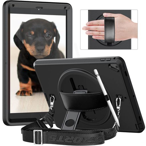 携带型电脑用 - Timecity対応ケースiPad第5/6世代(9.7インチ)ケースiPadAir2耐衝撃スリム三層保護ハンドストラップ肩紐ペンホルダー360度回転スタンド付き保護フィルム防塵デザイン使い勝手子ども