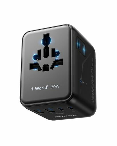【さらに小型化・PD70W】MOMAX海外変換プラグPD70WGaN急速充電7台同時充電3*USB-CPD&2*USB-AQC&2*ACコ..