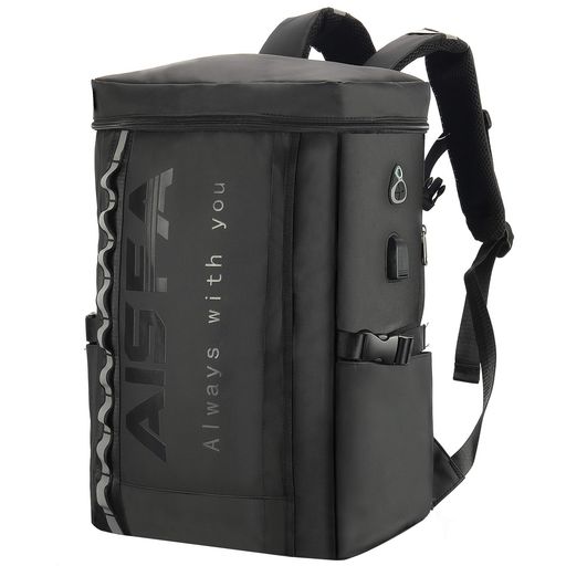 [AISFA]リュックメンズリュックサックスクエアバックパック防水17インチPCビジネスラップトップバックUSB充電ポート付き30Lアウトドア旅行防災通勤【底部ポケットがないタイプ】(ブラック)(4.0)