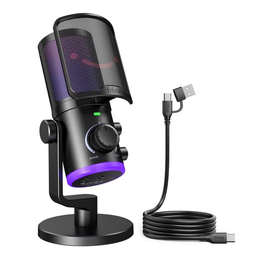 FIFINE USB コンデンサーマイク ゲーム/チャットラウティング PC用 ゲーミングマイク 単一指向性 RGB制御 音量調整 ミュートボタン ノイズキャンセリング機能 Discord ゲーム実況 ライブ配信 ス…