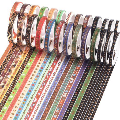 Yubbaexマスキングテープ古代の部族の柄金箔押し5mm幅x20巻+3mm幅x6巻薄いですプレゼント包装、DIY工芸..