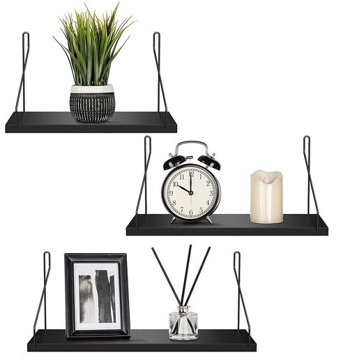 ウォールシェルフ天然木壁掛け棚鉄製ワイヤー壁棚賃貸飾り棚壁面収納無痕釘ネジ木製(ブラック3個セット)