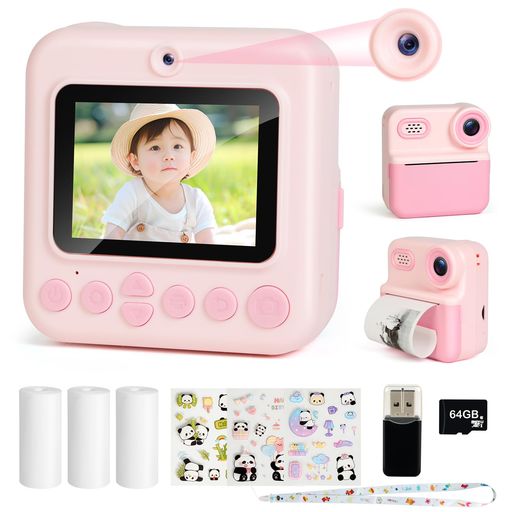 DEWELプリントカメラキッズインスタントデジカメラ子供用大容量バッテリー/2.4インチIPS画面/4800万画素/16倍ズーム/64GBマイクロSDカード付き/1080PHDビデオ/ゲーム搭載/感熱紙x3付き/ステッカ…