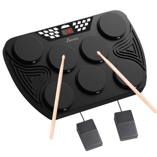 【多機能電子ドラムセット】この電子ドラムパッドには、7つのベロシティ感知ドラムパッドを搭載し、バスドラム、スネア、タム、シンバル、ライドシンバルなど、フルドラムセットのサウンドを忠実に再現でき、初心者からプロまであらゆるドラマーに幅広くお使いいただけます。 【あらゆるスタイルを自由に表現】この7パッド電子ドラムは、30曲のデモソングと16種類のドラムキットを搭載。多彩なジャンルに対応し、豊かなサウンドバリエーションを楽しめます。さらに、ドラムスティック2本も付属しているので、いつでもどこでも本格的なドラム演奏が楽しめます! 【どこでも本格的なドラム体験】DC9V アダプターまたは充電式リチウムバッテリーで駆動するため、非常にコンパクトで持ち運びに便利です。どこでも演奏したり、ヘッドホンを接続して家族に迷惑をかけずに静かに練習することも可能です。 【MIDI対応 Mac および PCへの接続】このデジタルドラムは、付属のUSB-Cケーブルで簡単にMACやPCに接続可能。ライン入力機能により、あらゆるオーディオ信号を電子ドラムに取り込めるので、再生・録音・ミックスなどに活用できます。