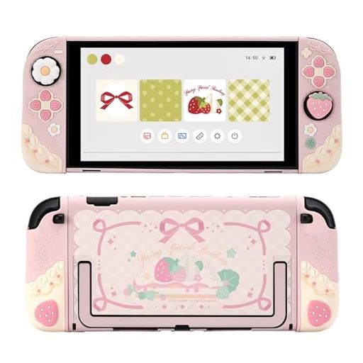 GeekShare Switch2カバー Switch2対応 スイッチ2025 PC製 joy con 保護カバー 分体式 全面保護 薄型 傷防止 汚れ防止 対応耐衝撃 取り外し簡単(2枚スティックカバーつけ)-クリームイチゴ (ピンク)