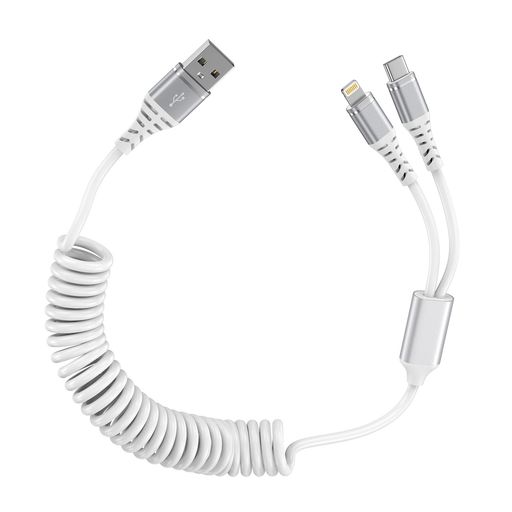 Bioonis 2in1充電ケーブル コイル式USB Lightningケーブル+Type-Cケーブル 0.4mから1.2mまで自由伸縮 1本2股カール iPhone 17/16/15/14/13/12/11 Google Galaxy Xperia