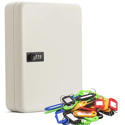 コンパクトサイズで多くの鍵を収納でき、簡単に壁掛けができるのキーボックスです。 保管の際は便利な3桁ダイヤル式ロックで施錠できます。 本体裏側に壁掛け用の穴があり、ネジとコンクリートプラグも付属されているから、壁にも取り付けられます。 色分類できるキーホルダーが便利です。また、キーホルダーの中には、書き込み可能な見出し用紙が付いています。 オフィスや1店舗、ご家庭での使用にも安心な丈夫なつくり。