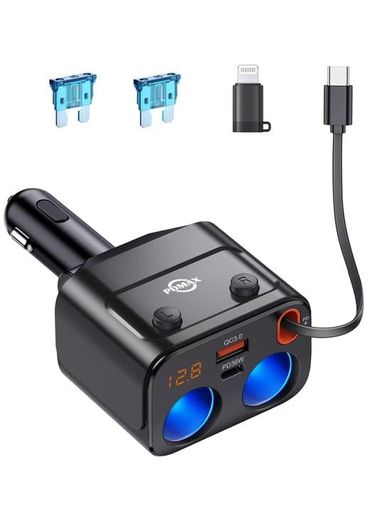 【シガーソケット車載充電器 2連増設 】シガーソケット車載充電器 シガーソケット 2連、USB-A、USB-C、Type-C巻取りケーブルを内蔵し、最大80cmまで伸縮可能です。シガーソケット 増設 のため、最大186W供給、あらゆる機器に対応し、違い設備が5台同時に急速充電できます。家族や友人と一緒に快適に使用できます。 【多様な機種に対応】シュガーソケット 車載充電器はQC3.0とPD対応で、付属のType-Cケーブルは最大合計30W急速充電が可能、iPhone 17フルシリーズ、iPhone 16 Pro , iPhone 16 、 iPhoneフルシリーズ、Xperia、Galaxy、Ultra、iPad,AQUOSなど、様々なスマートフォンやタブレットに対応しています。 【便利な巻き取り式ケーブ付き】PDMAX 車 充電器はQC3.0とPD対応で、付属のType-C巻取りケーブルは最大30Wの急速充電が可能です。ケーブルは3cmから80cmまで簡単に伸ばせ、巻取り式ケーブルは絡まることなく、車の散らかりにさようなら。前/後座席両方の方とも快適に充電できます。