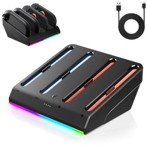 【Switch 2 Joycon対応充電ドック】Switch 2 Joycon専用の充電スタンド。最大4台のJoyconを同時に充電可能。安定した接続で、複数プレイヤーにも最適。Switchユーザーに欠かせない便利なゲーミングアクセサリーです。 【磁気整列で簡単装着&amp;高速充電】マグネット吸着でスムーズにJoyconを装着でき、2.5時間で4台を同時充電。滑り止めゴム付きで安定感抜群。使用後もコントローラーをまとめて収納でき、デスク周りがすっきり! 【安全&amp;信頼のスマート保護機能搭載】本Switch 2 Joycon充電ステーションには、高度なインテリジェント保護チップを内蔵。過電流、過熱、過電圧、短絡を防ぎ、ニンテンドースイッチ本体やコントローラーを安全に守ります。過充電も防止し、長時間の使用でも安心してお使いいただけます。 【10種類のRGBライトモード搭載】ワンタッチで10通りのライティングモードに切替可能。グリーン、ブルー、レッドなど8色の呼吸モード+単色ライト。充電状況も一目でわかり、柔らかな光がゲーム環境を彩ります。 【ワンタッチ電源&amp;ライト記憶機能】本体に便利なワンタッチ主電源スイッチ搭載。