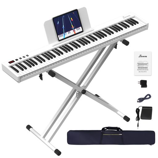 【OYAYOKP88SX電子ピアノ】一般的な電子ピアノと比べてコンパクトな本体サイズ(123x21x6.5cm)、たった5kgの軽量設計ながら、生ピアノと同じサイズの鍵盤を持つ電子ピアノです。88鍵盤タッチ感知機能が搭載、指の強弱に応じて自然な音の強弱が表現でき、まるで本物のピアノのような演奏感を実現。初心者の方でも本格的な演奏をお楽しみいただけます。 【二つ高出力ステレオスピーカー搭載】この88鍵盤電子ピアノは本物ピアノ音を細かく採取することでよりリアルなピアノ音が再現できます。また、左右に搭載された2つの高出力ステレオスピーカーにより、高音域から低音域までクリアで豊かなサウンドを楽しめます。 【多彩な機能&amp;詳しい日本語説明書付き】この電子ピアノは128種類音色、128種類リズム、30デモ曲を内蔵、録音、2人鍵盤、移調、メトロノーム、サステイン、和音など初心者には欠かせない機能がたくさん搭載されています。英語表記パネルですが、詳しい日本語説明書付きで初心者にもわかりやすく、子供でも簡単に操作できます。