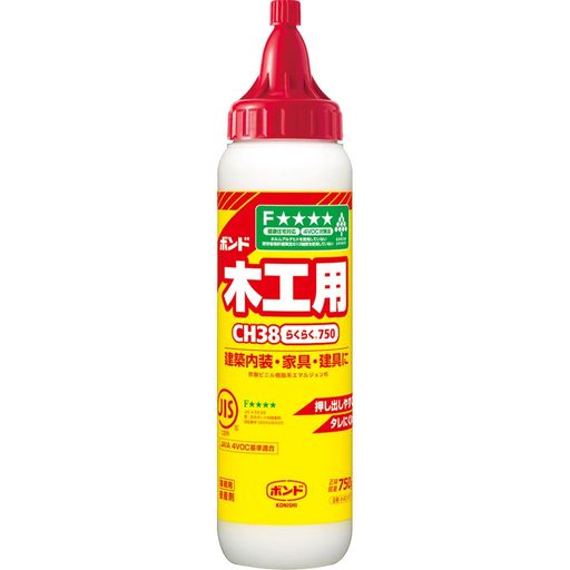 木工 健康住宅対応:ホルムアルデヒドを使用していない、より安全性の高い木工用接着剤。 塗布時ののびがよく、壁面でもタレにくい。 速乾性があり、乾燥後はほぼ透明。 木材接着後に切削加工をしても刃を傷めない。 内容量:750g