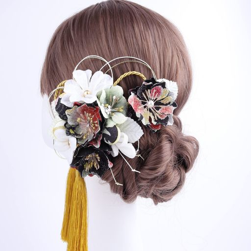 Folding Fan - イナリ商事レディス髪飾りドライフラワー成人式卒業式結婚式七五三袴振袖和装浴衣手作り髪飾専用ケース付き(Black)