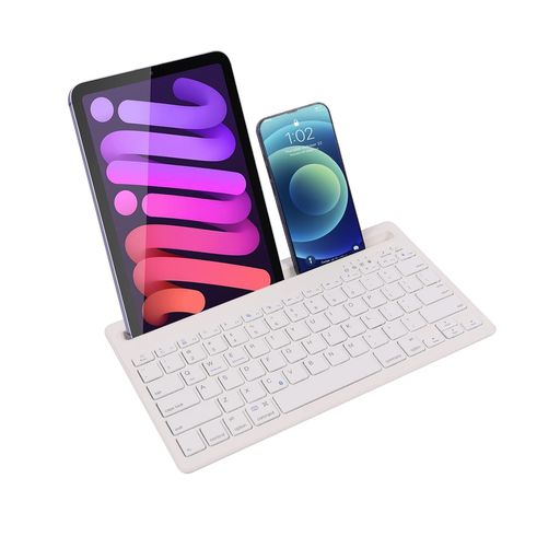 【Bluetoothキーボード】先進的なBluetooth接続技術を使用して、タブレット、スマホの2つのデバイスを同時に接続できます。接続後は製品に対応するch1-ch2ボタンを押しておくだけで簡単に切り替えられます。bluetooth技術はケーブルレスで面倒な接続手段を提供し、操作距離は10mです。他の電波に邪魔される心配はありません効率と便利な接続は仕事を1種の楽しみになります。タブレットに接続しても、スマートフォンに接続しても、使い勝手がいいのです。 【スタンド機能付】キーボード上部には溝があって、タブレットや携帯電話のスタンドとして使用でき、画面を見ながら入力するのにとても便利です 【快適なタイピング】浅めな03mm未満のキーストロークは、静か、快適、滑らかなタイピング感を実現して、軽い力でキーを押すことができるため、疲労を感じにくく、手首が一番リラックスな状態で入力できます。お好みで置きたい商品を自由にお選びいただけます。たとえば、スマホ2台、スマホ1台とタブレットの組み合わせなどです。