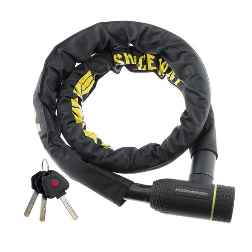 高剛性なスチールリンクロック。鍵穴にはカバーを設け、シリンダーへの砂粒やゴミの侵入を防止。〈付属品〉LEDライト付きキーx1スペアキーx2