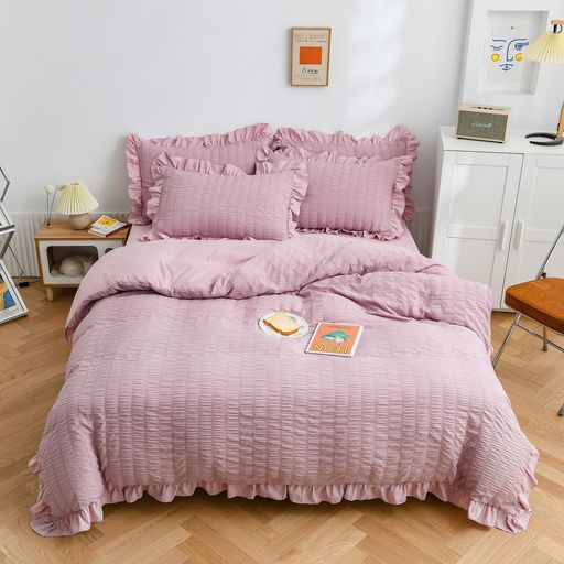 布団カバーAYOシングル・3点セットシアサッカー生地フリル付き掛け布団カバーベッドカバー枕カバーボックスシーツ寝具カバーセットピーチスキン加工洋式和式兼用洗い替え速乾タイプ(…