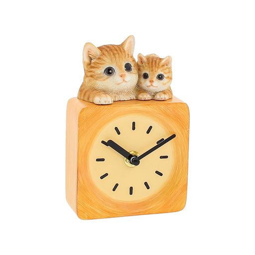 BENNY’S(ベニーズ)置き時計アナログ猫の置物インテリアナチュラルウッド調ポリレジン製べニーズキャット茶トラ猫QB-023Y