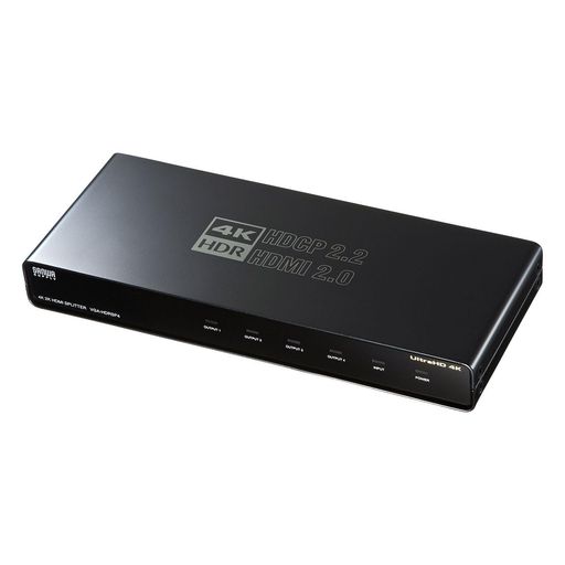 1台のHDMI機器の信号を高画質・高音質のまま4台のHDMI入力端子付き機器(ディスプレイ・プロジェクターなど)に同時に分配出力できます。 4K2K(4096x2160)60Hz 解像度に対応しており、美しく高精細なHDMI信号を出力できます。 高輝度HDR(ハイダイナミックレンジ)映像に対応しており、HDCP2.2にも対応しています。 ポート1に接続されたディスプレイのEDID情報を映像入力機器(パソコンなど)に伝える方式です。 Dolby True HDおよびDTS HD Master Audioにも対応しています。 HDMI端子全てに金メッキ加工を採用しています。サビに強く信号劣化を防ぎます。 HDMIケーブル(1.8m)を1本同梱しています。