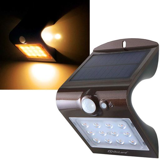 屋外 星(塗り潰し)オンロードのセンサーウォールライトにプレミアムカラーのメタリックブラウンが登場星(塗り潰し)星(塗り潰し)他にはない、こだわりの光沢あるグロス仕上のメタリックカラーが高級感を演出します星(塗り潰し)星(塗り潰し)光の色が優しく暖かな電球色になって明るさもカラーもグレードアップ星(塗り潰し)星(塗り潰し)昼間はソーラーパネルで太陽光を効率的に充電!夜間は人感センサーで自動発光星(塗り潰し)星(塗り潰し)2つの選べる点灯モード搭載!状況や設置場所に応じて切替可能!ボタンひとつの簡単操作星(塗り潰し)星(塗り潰し)月々の電気代0円!電源不要の省エネ設計!取付も簡単星(塗り潰し)星(塗り潰し)屋外でも安心!厳しい審査をクリアした防塵防水規格IP65星(塗り潰し) 星(白抜き)他のセンサーライトとここが違う!星(白抜き)●点灯モードの切替を背面LEDの点滅回数で知らせてくれる『点灯モードお知らせ機能』搭載!●暗くなると背面LEDが3%の明るさで発光!辺りを優しく照らし人感センサー連動で100%強力発光!■2つの選べる点灯モード/暗くなると以下より選択したモードで動作します。1、微灯モード:3%の明るさで発光し、人感センサー連動で100%発光!10秒後に3%発光に戻ります。2、消灯状態から人感センサー連動で100%発光!10秒後に消灯状態に戻ります。