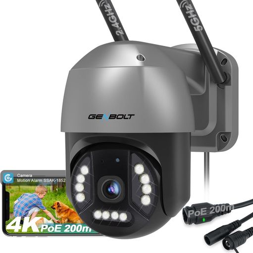 GENBOLT 4K 防犯カメラ ワイヤレス 屋外 監視カメラ 8MP 2.4/5GhzWi-Fi PTZ自動追尾 遠隔操作 AI検知 カラー暗視 声光威嚇 双方向音声 スマホで見る IP66防水 microSD録画/クラウド保存 屋内屋外 家庭用