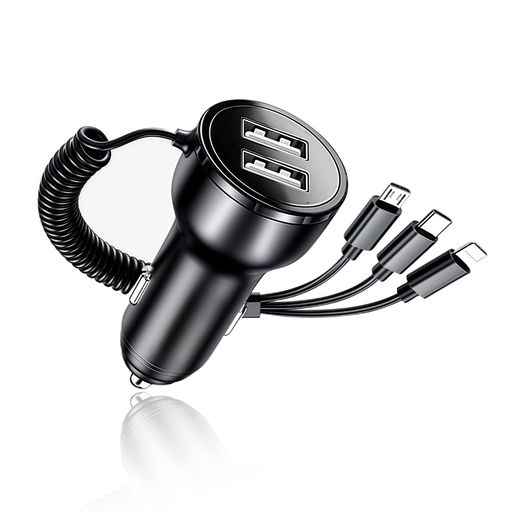 SYAYOUHIN車載充電器増設5ポート充電USBType-Cケーブル弾性コイル電源シガーソケット急速チャージ100cmコイル伸ばす出力電流12mA3種類の携帯ケーブル(LED表示なし-Android+Apple+Type-