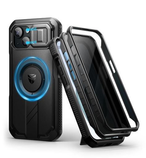 Rakuten - DexnoriPhone15対応スライド式カメラカバー&調整可能キックスタンド&のぞき見防止フィルム付きMagSafe対応耐衝撃バンパーケース&磁気保護カバーブラック(ブラック)