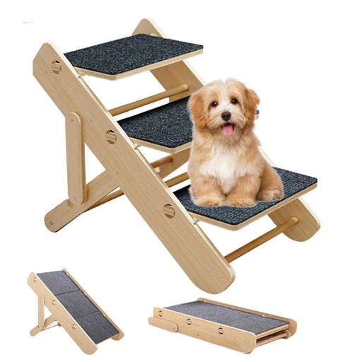 2in1木製犬用階段/ステップ-折りたたみ式3段ペット用階段2つ高さ調節可能ポータブル犬/猫用はしご据え..
