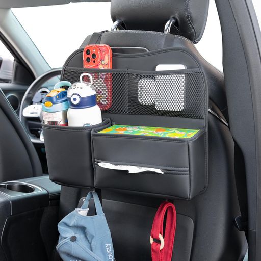 Sancaral車載レザー製シートバックポケット後部座席・リアシート用収納ポケットドリンクホルダー・ティッシュボックス・フック付きヘッドレスト取付式車内旅行収納(ブラック)(2.0)