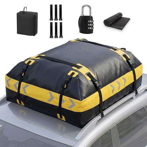 YUMENO ルーフキャリアバッグ 車用ルーフバッグ カーゴバッグ 防水 滑り止め 屋根バッグ 折り畳み式 車頂バー不要 アウトドア/防災対応 大容量425L 軽量3.19kg (ブラック&イエロー)