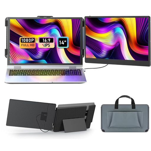LGGSTポータブルモニターデュアルモニター14インチFHD1080PIPSパネル搭載300nit高輝度&1000:1高コントラストノードパソコン用デュアルディスプレイ180°回転可能Type-C/HDMIプラグアンドプレイ