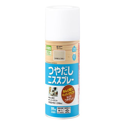 【乾燥・塗重時間】■スプレー 【20°C】乾燥時間:約 10 分 塗重時間:約 30 分以上 【冬期】乾燥時間:約 30 分 塗重時間:約 1 時間以上 【塗り面積(2回塗り)】 スプレー300ML平方メートル:約 0.5 ~ 0.8 m2 タタミの広さ:約 0.4 枚分 【特長】 ■[イラストの仕上げ剤に]絵の具やポスターカラーの上から塗っても溶かさず、にじまず、美しいつやありとうめいに仕上がります。 ■[汚れからガード]耐水性のある丈夫な塗膜をつくり、長期間汚れを防ぎます。 ■[建築基準法対応塗料F星(白抜き)星(白抜き)星(白抜き)星(白抜き)](スプレーを除く)安心・安全の環境にも配慮したF星(白抜き)星(白抜き)星(白抜き)星(白抜き)の製品です。 ■[滑らかな仕上り](スプレーのみ)刷毛跡が付かず、滑らかに仕上がります。 【用途】 ■[ホビー・工作]紙ねんど細工 / ペーパークラフト / 工作品 ■屋内の木部・木製品 【塗れないもの・注意事項】表示の用途以外には使用しないでください。