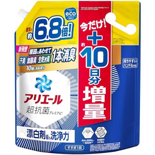 洗濯機洗い 消臭 シャツの汗臭、タオルの生乾き臭、加齢臭 - いろんなニオイを1本消臭 *P&amp;G調べ。ニオイの度合いにより、落ち方の程度は異なります。 10種類の消臭成分が原因にあわせてパーソナル消臭 *P&amp;G調べ。ニオイの度合いにより、落ち方の程度は異なります。 エリソデの黄ばみも漂白剤なしで一発洗浄 *P&amp;G調べ。汚れの度合いにより、汚れ落ちの程度は異なります。 洗濯槽クリーナーなしで洗濯槽防カビOK。18時間つづく超抗菌。 *カビは除去できません すすぎ1回OK。タテ・ドラム式対応。自動投入洗濯機にも。 洗濯洗剤