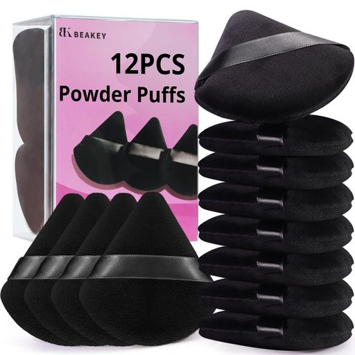 BEAKEY12個入りパウダーパフフェイスパウダートライアングルメイクアップパフルース&コスメティックファンデーション用くさび形ベロアコスメティックスポンジ輪郭用