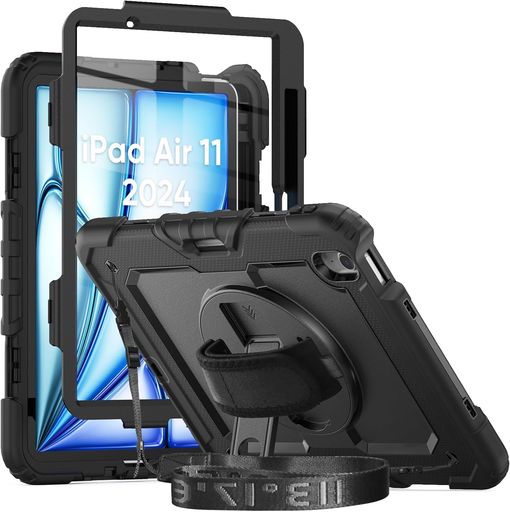キャリングバッグ - HerizeiPadAir11インチケース2024/2025M2/M3iPadAir6/7世代ケース2024A2902/A2903フィルム付き保護シール内蔵360度回転の折り畳スタンド肩紐ハンドストラップ付きペン収納