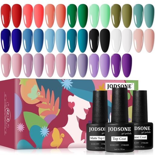 JODSONEジェルネイルポリッシュセット23個春夏レインボーネオンジェルポリッシュブライトカラフルベース&トップコート付きDIYサロンホームマニキュアソークオ...