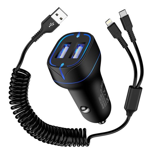 OcbuoシガーソケットiPhone16充電器車用2in1コイルUSBAtoUSBCケーブル+USB-Atoライトニングケーブル自由伸縮/MFI認定車急速充電スマホカール車用ケーブル2ポート車載充電器アイホン16