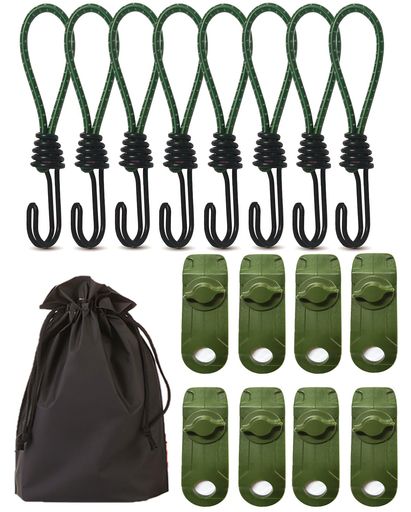 🌱【テントタープ部品 セット】ストレッチコード8本(長さ:16cm 重量:約25g コードの直径:約6mm,耐荷重:30KG)、テントクランプ8個(8.5*2.6*2.8cm ,重さ21g)+収納袋。テント、キャンプ、タープ、天幕など色々な野外活動に利用でき、グランドシートなどにも使えます。 🌱【テント ストレッチコード】ストレッチコードの内芯は天然輸入ゴム、外皮(表地)はポリプロピレンで作られております。フックはスチールで作られており、外層はニッケルをめっきしていて、錆にくく、雨の日でも安心に使えます。強い風でフックとコードが分かれてしまうことがあると言っていますが、弊社のフックの底部口径を8mmに縮小し、ストレッチコードの脱落を有効に防止し、強風や嵐などの悪天候にも耐えられます。 🌱【テントクリップ】高強度のプラスチック製で、軽量で持ち運びやすいテントクリップです。ロッキングスクリュー設計、特に歯のあるアリゲーター型は、お好きな位置で固定してロープを引っ張る事ができます。簡単なロック機械は何もすばやく締付ることができます。