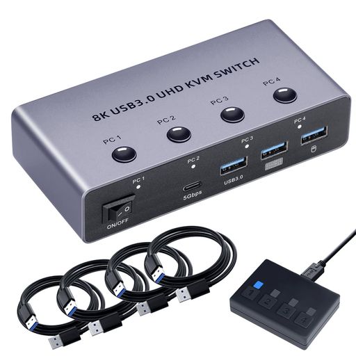 【HDMI KVM切替器 PC4台用】4台までのパソコンを、1セットのコンソール(キーボード・ディスプレイ・マウス)から操作できるPC切替器(CPU切替器)です。それぞれのPCにディスプレイを用意する必要がなく、コストの削減とデスク周りの省スペース化を実現します。快適で効率よく仕事もはかどります。 【8K@60Hz/4K@120Hz対応】本機を通しても画質&amp;リフレッシュレートを落とさずに、滑らかに超高精細な映像を映り出せます。遅延(ラグ)も心配なく、素通りのままです。(※4K120Hzでの接続には、UltraハイスピードHDMIケーブルを必ずご使用ください) 【USB3.0 x4搭載】4つのUSB3.0ポートに、マウス・キーボード(ワイヤレスも可)はもちろん、更にプリンターやUSBメモリと言った様々なUSB機器を共有することもできます。(▲注意:メカニカルキーボード(高電力消費)は確実に使用できることを保証しません。) 【ドライバー不要】ソフトウェアのインストールが不要で接続するだけで切り替えて使用することができます。パソコンの切替は、本体ボタンと手元ボタンの2種類です。
