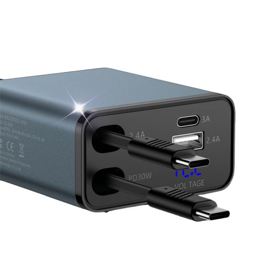 【車載充電器45W急速充電PD対応】カーチャージャー4ポートUSB-C&USB-A+Type-C伸縮ケーブル内蔵2本スマホ/タブレット/スイッチ対応LED電圧表示付き金属製12V/24V車用